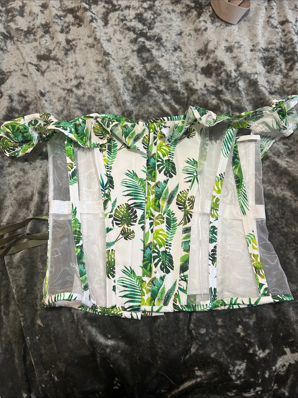 Tropical Off-Shoulder Leaf Print Corset Crop Top - Green